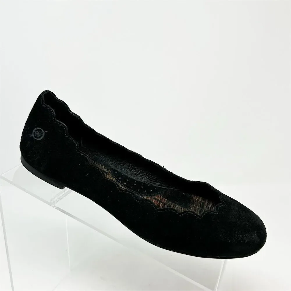 Born Women's Black Suede Scalloped Ballet Flats Casual Slip On Shoes Size 6.5